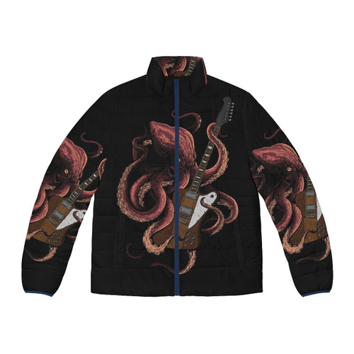 Octopus playing an electric guitar on a puffer jacket design