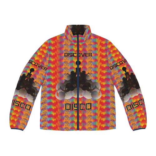 Multicolored psychedelic puffer jacket with star trek inspired design
