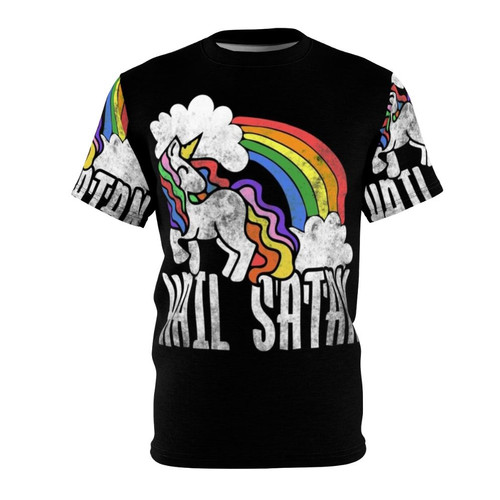 Retro rainbow t-shirt design featuring a satanic unicorn