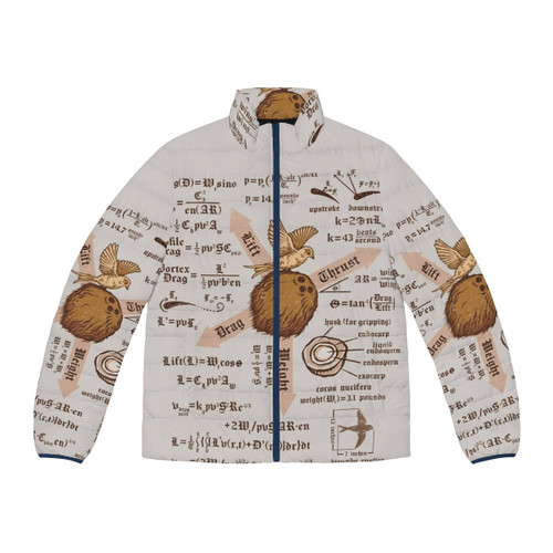 A puffer jacket with a focus on weight ratios, inspired by the classic Monty Python and the Holy Grail film.