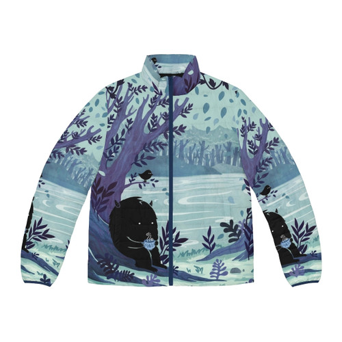 Watercolor painting of a puffer jacket with a cozy tea time scene in a woodland landscape