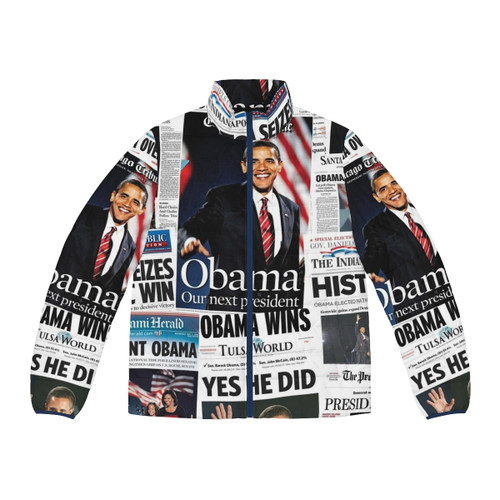 Obama 2008 commemorative puffer jacket featuring historic front pages