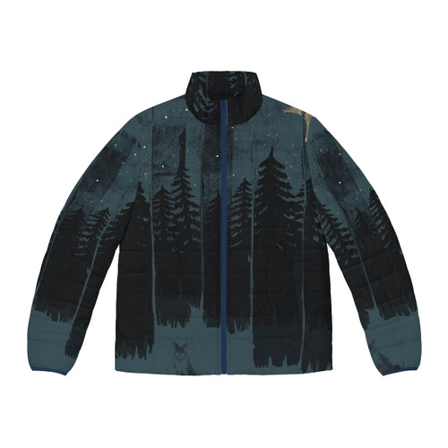 A stylish puffer jacket featuring a fox design against a moonlit forest background
