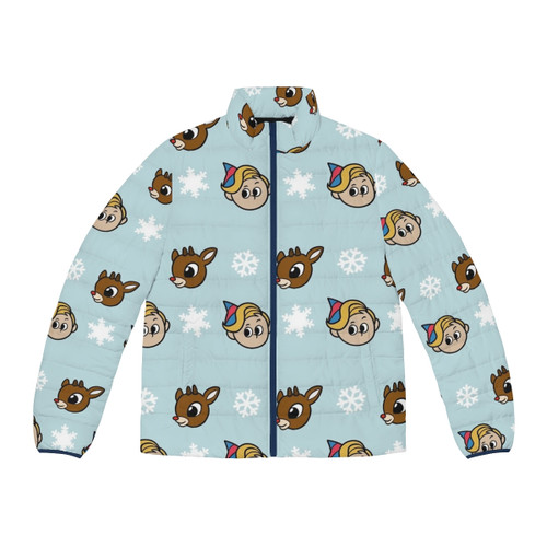 Festive puffer jacket featuring Rudolph the Red-Nosed Reindeer and his friends from the Island of Misfit Toys
