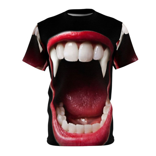 A stylish and contemporary vampire-inspired graphic t-shirt with abstract floral patterns in a vintage and retro style.