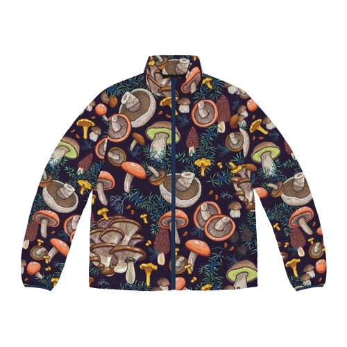 Dark Dream Forest Puffer Jacket featuring botanical nature and wild mushroom designs