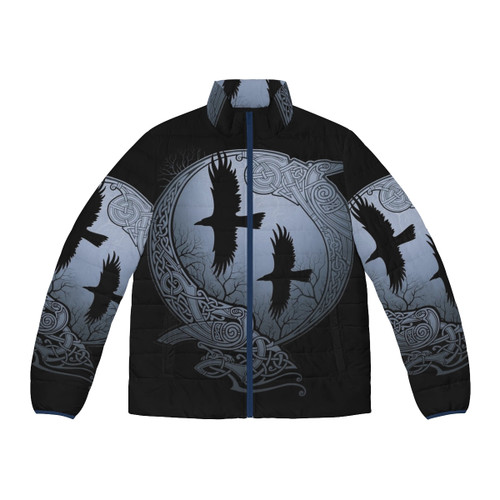 Model wearing Odin's Ravens Mythical Puffer Jacket with tribal and nordic design