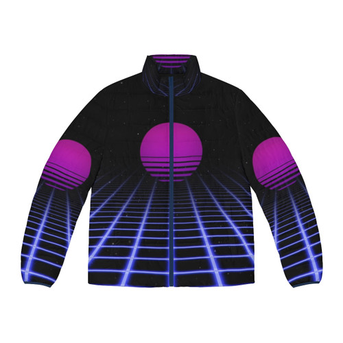 80s digital sunset aesthetic puffer jacket with glowing grid design