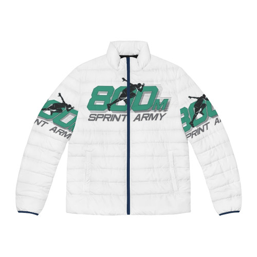 800m sprint athlete wearing a puffer jacket