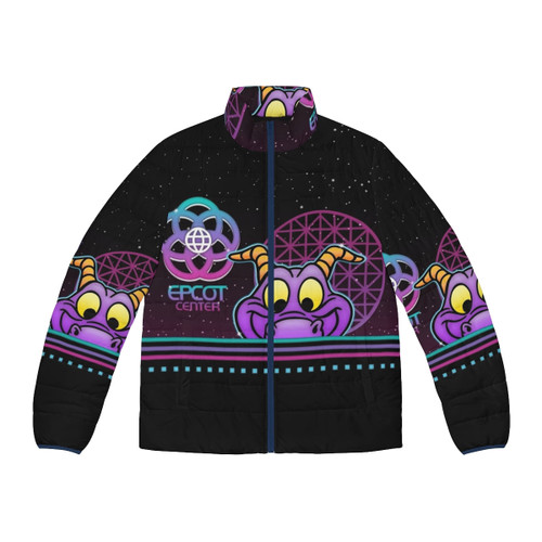 Retro 80s glow puffer jacket featuring Disney's Epcot Figment character