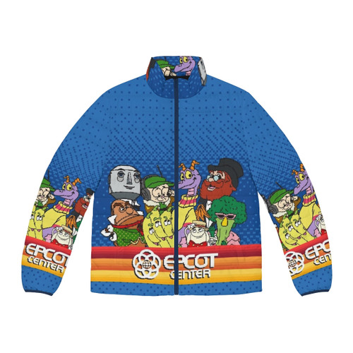 Retro 8-bit Epcot Center puffer jacket with Figment the dragon