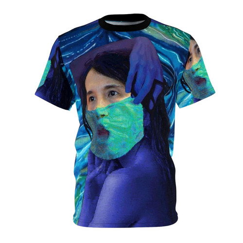 Unisex t-shirt featuring pandemic-inspired design with medical experts and survival themes