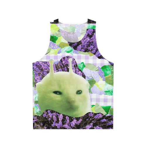 Green alien collage art printed on a handmade unisex tank top