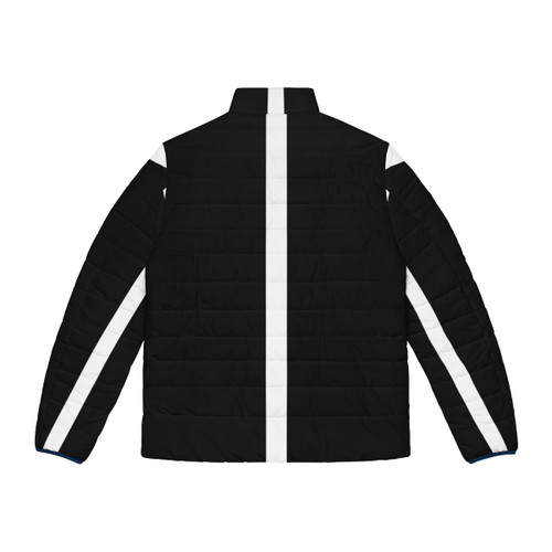 Black and white 60s mod inspired puffer jacket with geometric pattern - Back