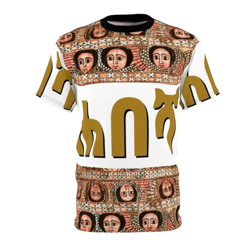 Habesha-inspired t-shirt with vibrant Ethiopian-style all-over print design