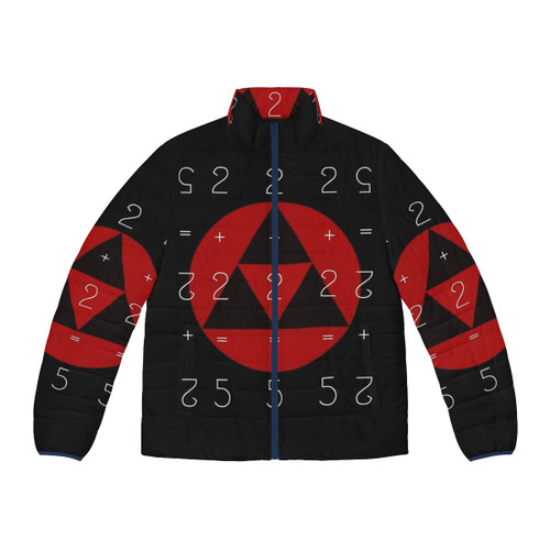 Black and red puffer jacket with a design inspired by Radiohead's "Hail to the Thief" album and the dystopian novel "1984"