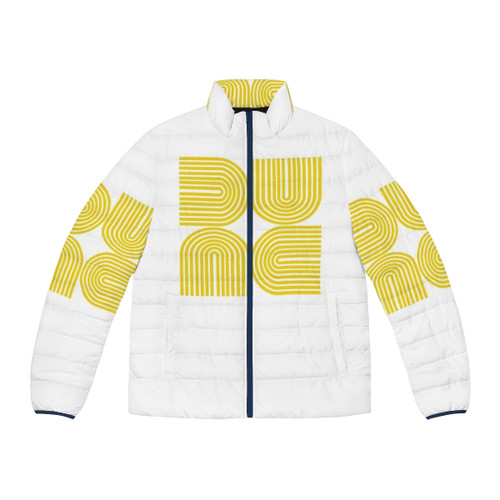 Dune-inspired puffer jacket with a gold sheen and futuristic design