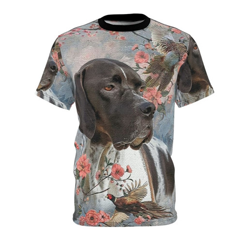 Stylish t-shirt featuring an artistic design of a pointer dog amidst beautiful flowers