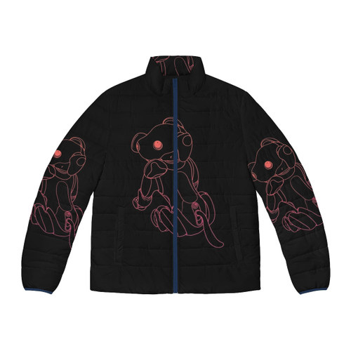 Stylish puffer jacket featuring a sunset t-shirt design and a robot dog graphic