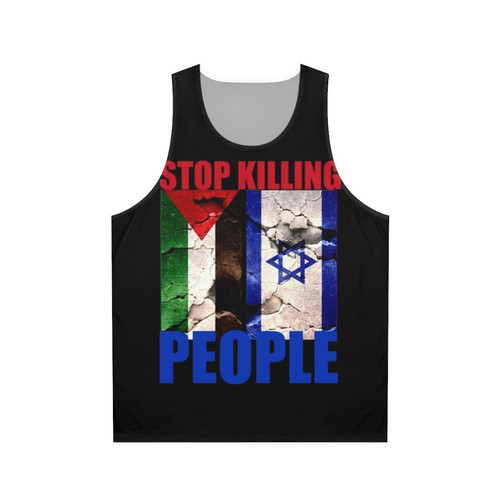 Unisex tank top with anti-war and human rights message