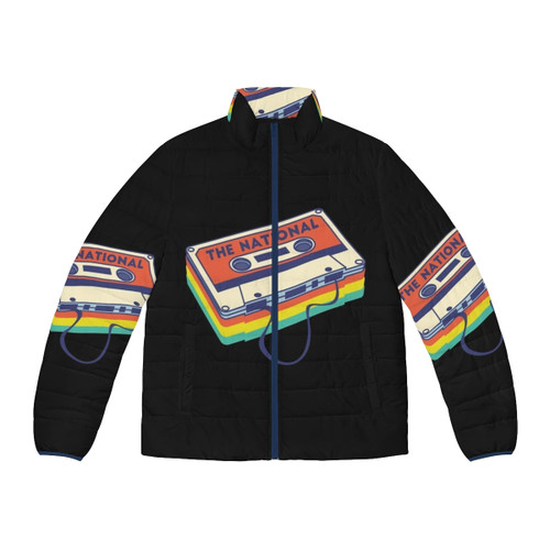 A cozy puffer jacket featuring The National band logo and cassette deck design
