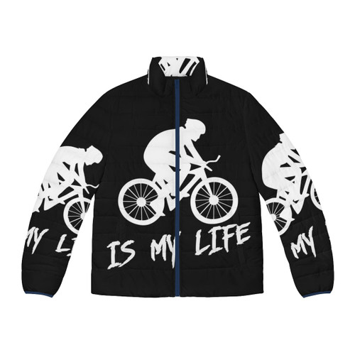 Cycling Octopus Puffer Jacket with an illustration of an octopus riding a bicycle