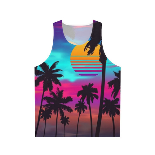 Unisex synthwave tank top with vibrant sunset design