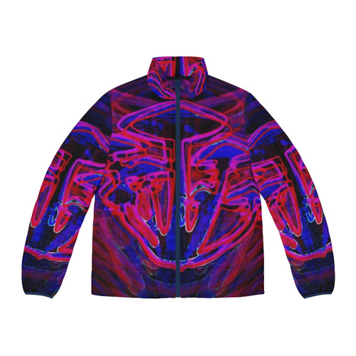 Neon puffer jacket with psychedelic mushroom design that glows in the dark