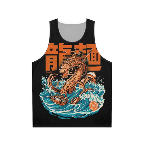 Black unisex tank top with ramen dragon and Kanagawa wave illustration