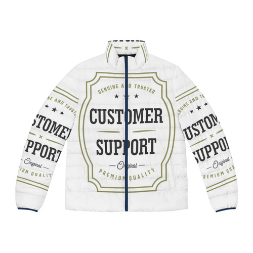 Customer support puffer jacket in a grey and black color scheme