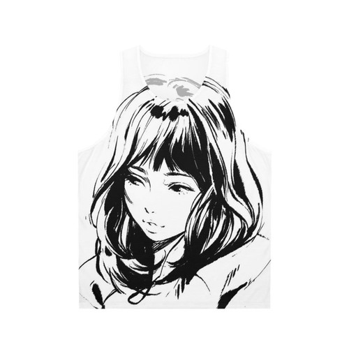 Unisex black and white tank top with minimalist anime-inspired design