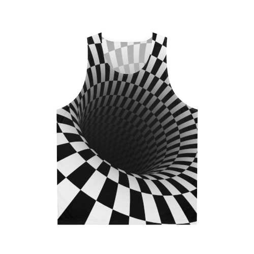 Optical illusion checkerboard design on a black and white unisex tank top