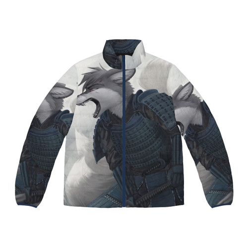 A puffer jacket with a Japanese kitsune (fox) design, featuring a samurai katana and anime-inspired elements.
