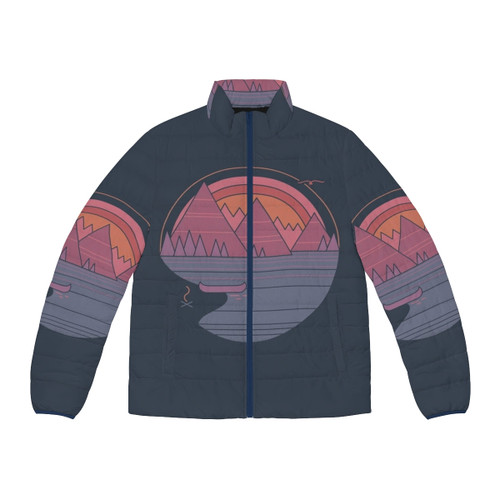The Paper Crane Mountains Are Calling Puffer Jacket in pastel colors with minimalist art landscape