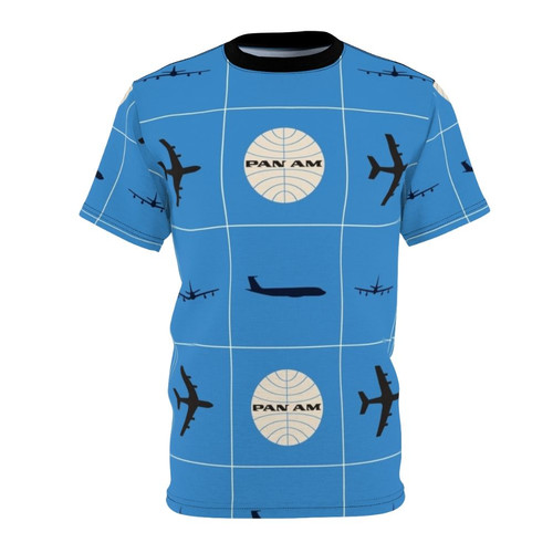 Vintage-style graphic tee with Pan Am airplane and globe logo square pattern design
