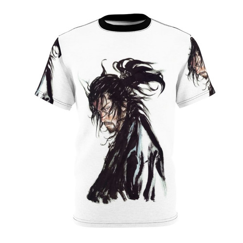 All-over print t-shirt featuring a stylized design inspired by the popular manga series "Vagabond" and its protagonist, Miyamoto Musashi.