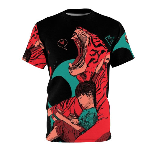 A whimsical t-shirt design featuring a tiger and a girl in a fantasy storybook setting