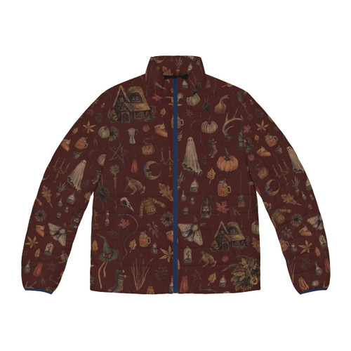 Cozy puffer jacket in a black and green witchy design, perfect for fall and Halloween