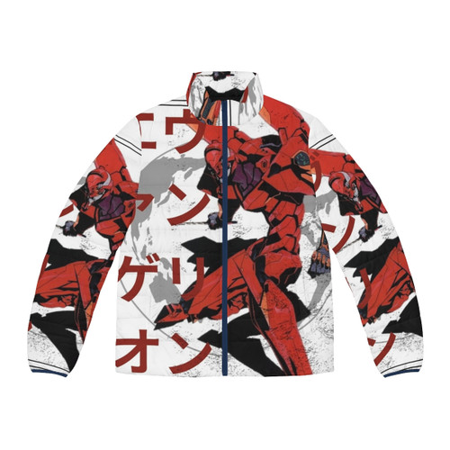 Neon Genesis Evangelion inspired puffer jacket with anime graphics