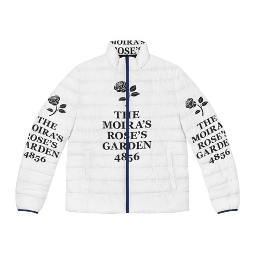 Minimalist black and white puffer jacket with Moira Rose inspired typography