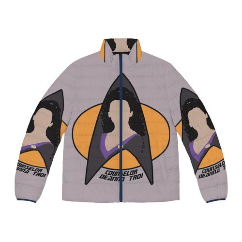 Deanna Troi from Star Trek: The Next Generation wearing a purple puffer jacket