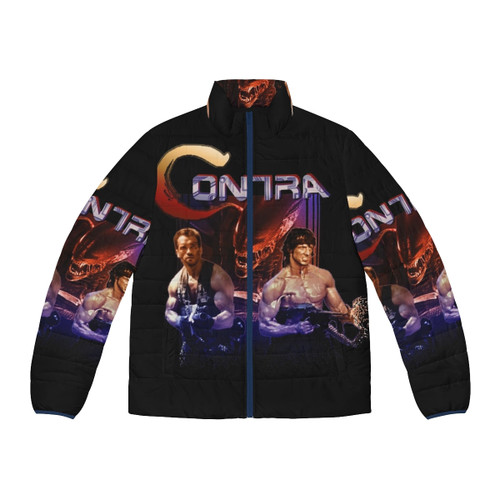 Contra Ripoff Puffer Jacket with Retro 8-Bit Gaming Graphics