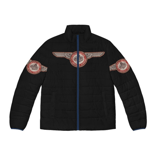 A vintage-inspired puffer jacket featuring the Continental Aircraft Engines USA logo for aviation enthusiasts.