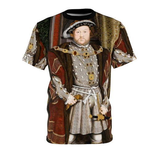 Stylized portrait illustration of King Henry VIII of England on a t-shirt