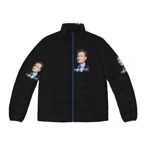 Conan O'Brien wearing a cozy puffer jacket from his Team Coco brand