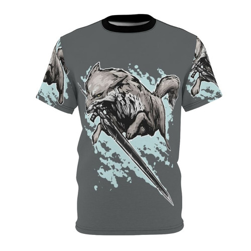 Fierce grey wolf leaping with a sword in a dark souls fantasy video game style design
