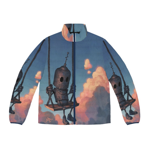 Meteorologist puffer jacket with robots, clouds, and weather symbols