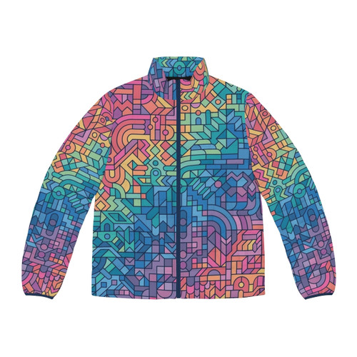 Colourful puffer jacket with abstract pattern, geometric shapes, and labyrinth design