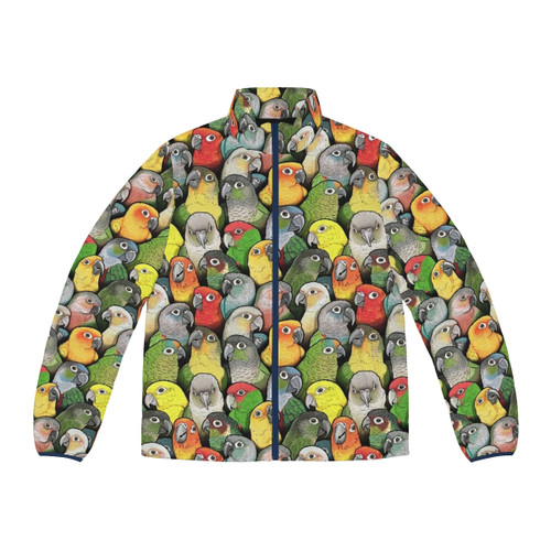 Colorful puffer jacket with abstract watercolor paint splatter and drip design