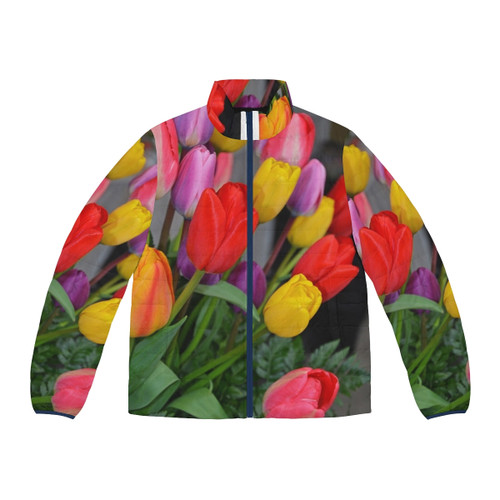Colorful tulip floral puffer jacket with vibrant petals and blooming botanical design